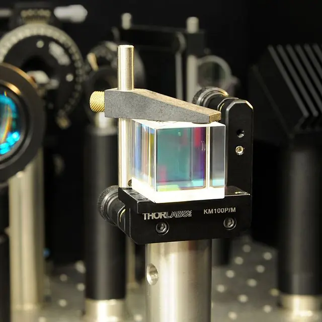 Mounted prism in optical experiment.