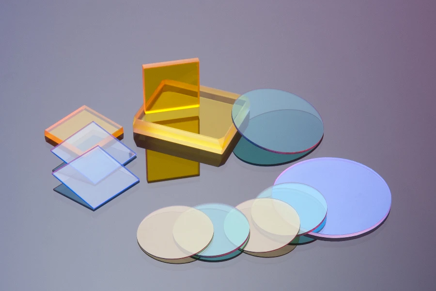 Colored optical glass filters and plates.