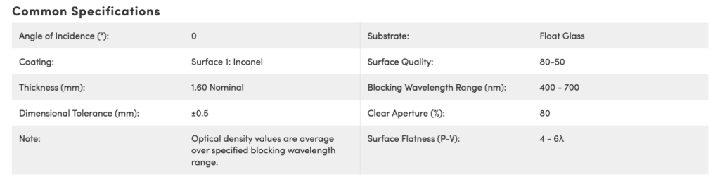 Common specifications of reflective neutral density (ND) filters